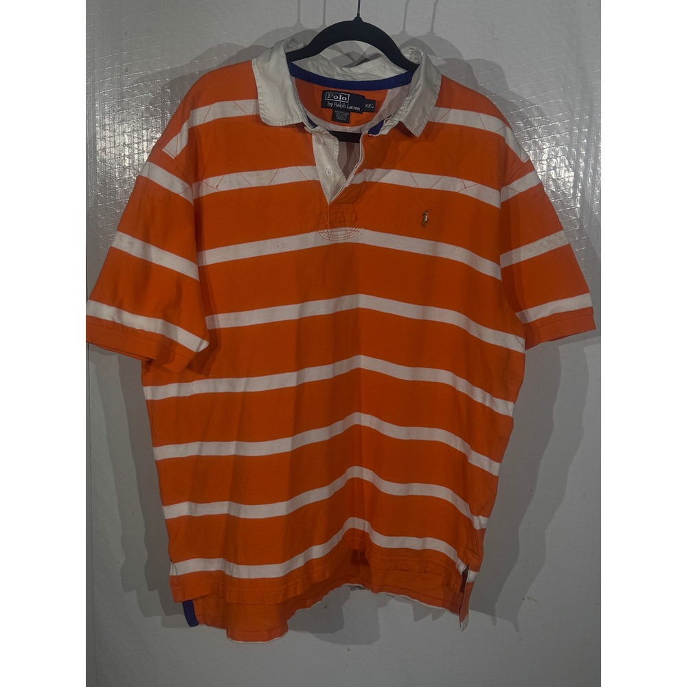 Polo Ralph Lauren Mens XXL Orange White Striped Short Sleeve Rugby Polo Shirt